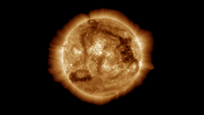 The Sun, from Saturday. Imaged by GOES-19 SUVI Composite 195 Angstroms.